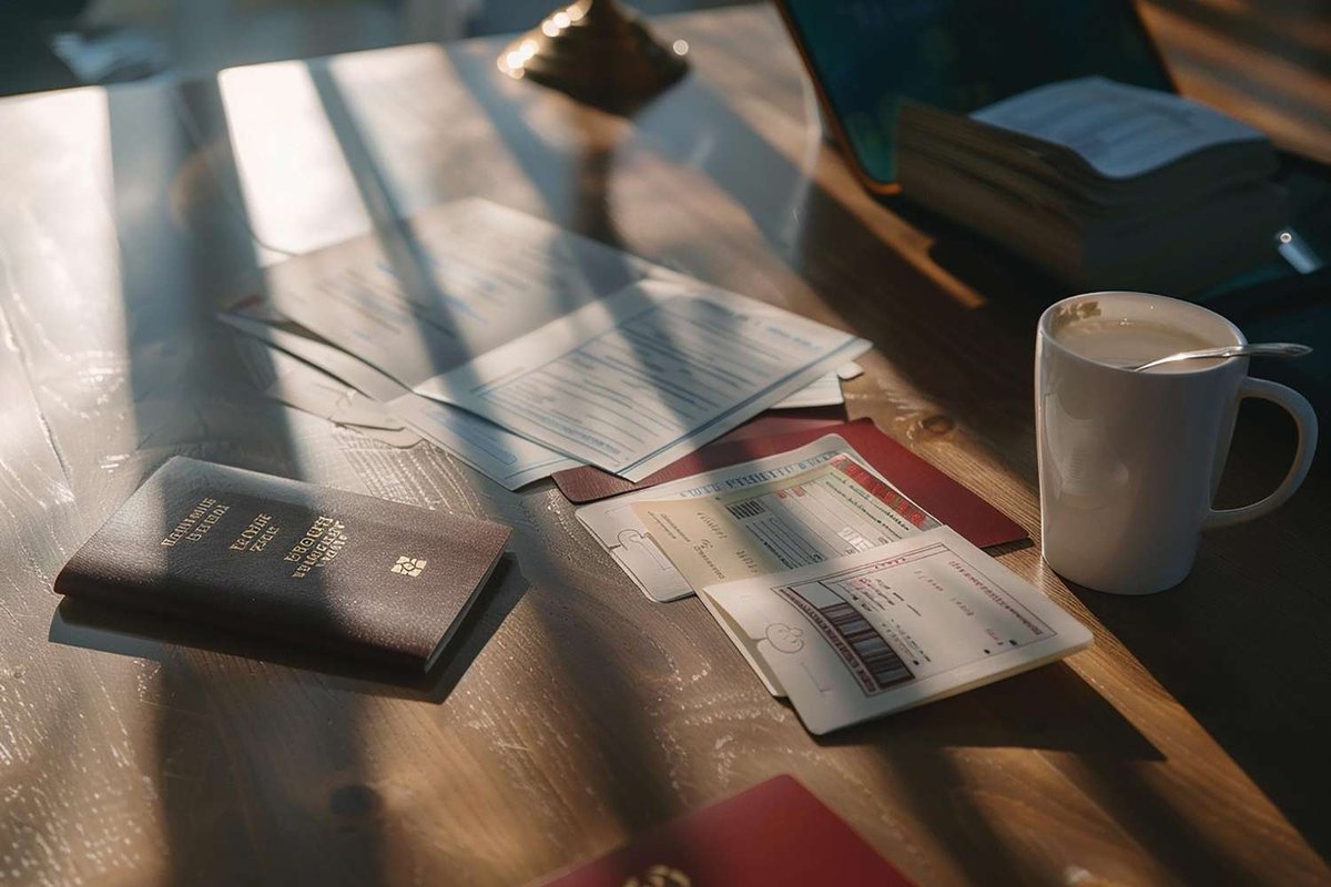 Passport, tickets, and documents are placed on a wooden table next to a mug.