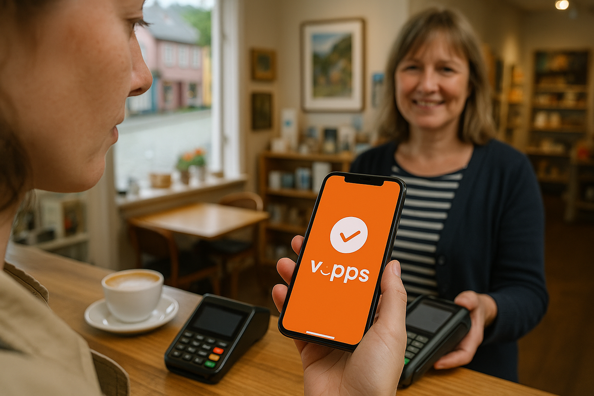 A customer uses Vipps on their smartphone to pay in a cozy Norwegian café.