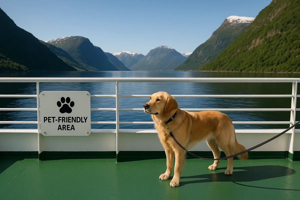 A dog on leash standing on ferry deck with fjord landscape