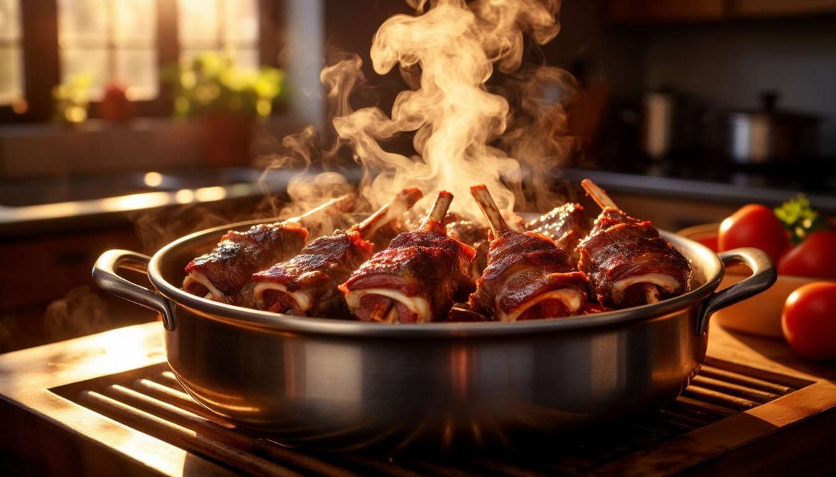 West-coast tradition—salt-dried lamb ribs gently steam on birch sticks, filling the kitchen with festive aroma.