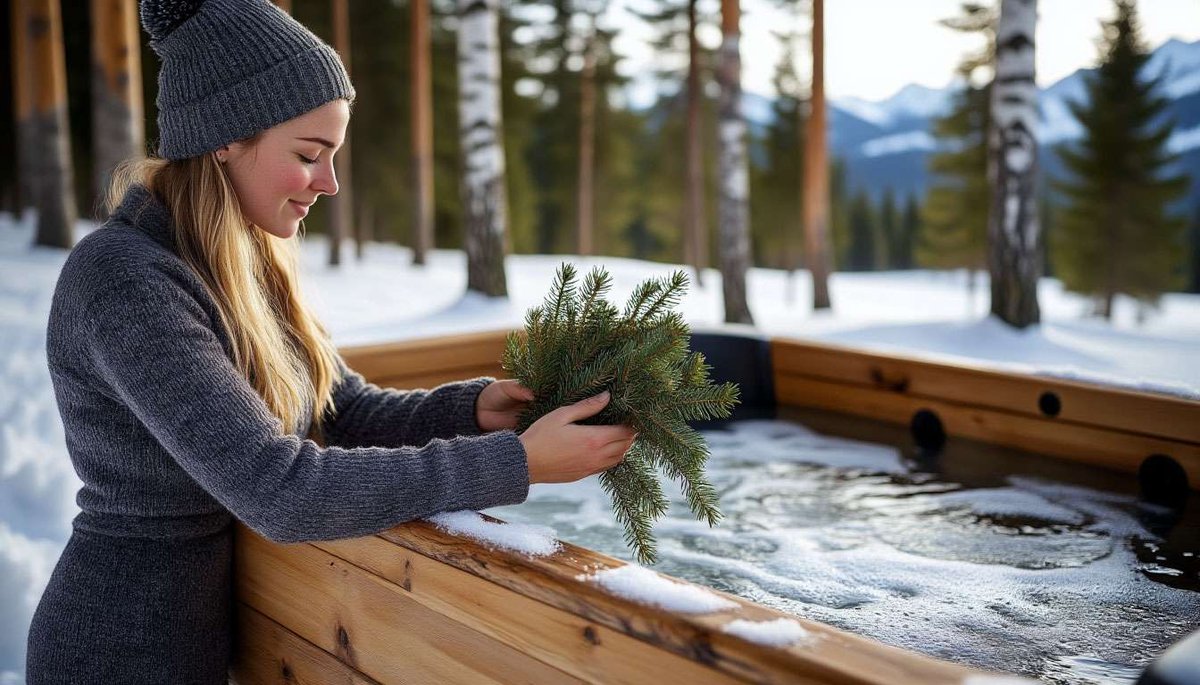 Woman with spruce branches by an outdoor hot tub in a snowy forest.