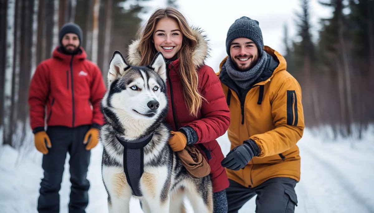 Two travelers with a husky on a snowy trail before a sled tour.