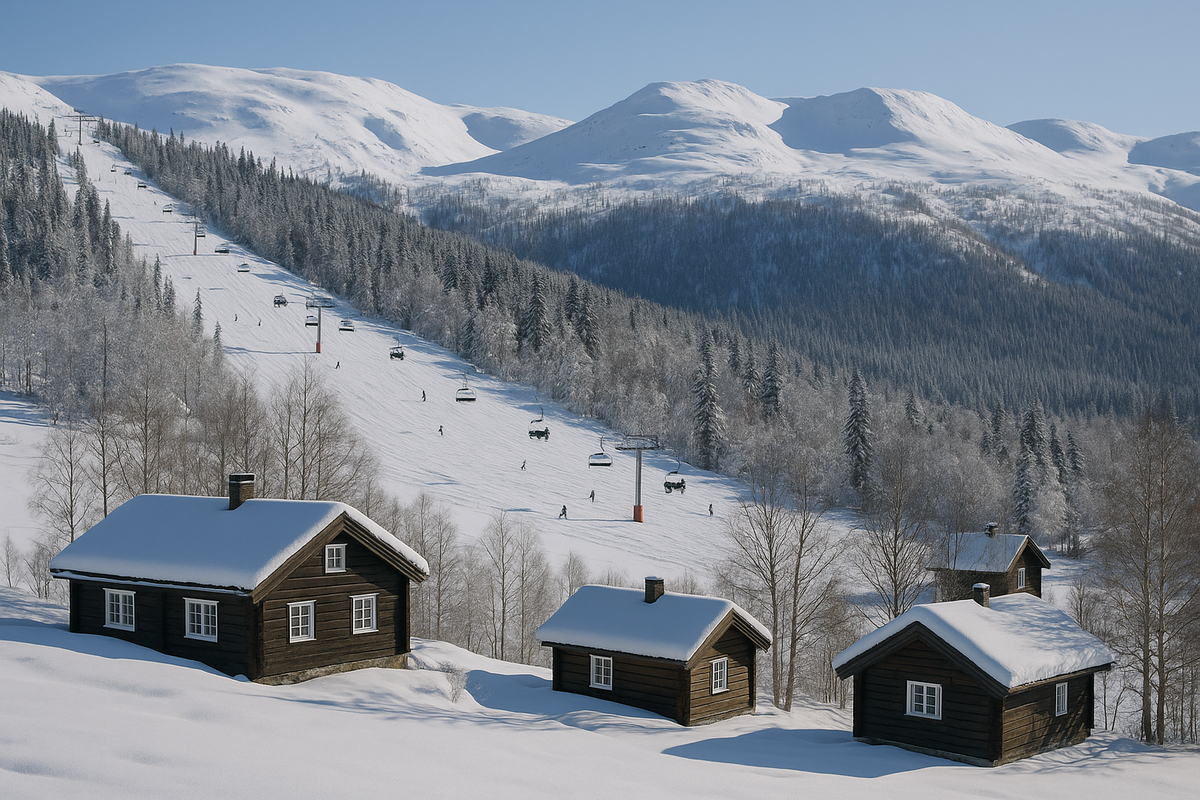 Skiers enjoy evening runs on Norway’s slopes with cozy wooden cabins at the base.