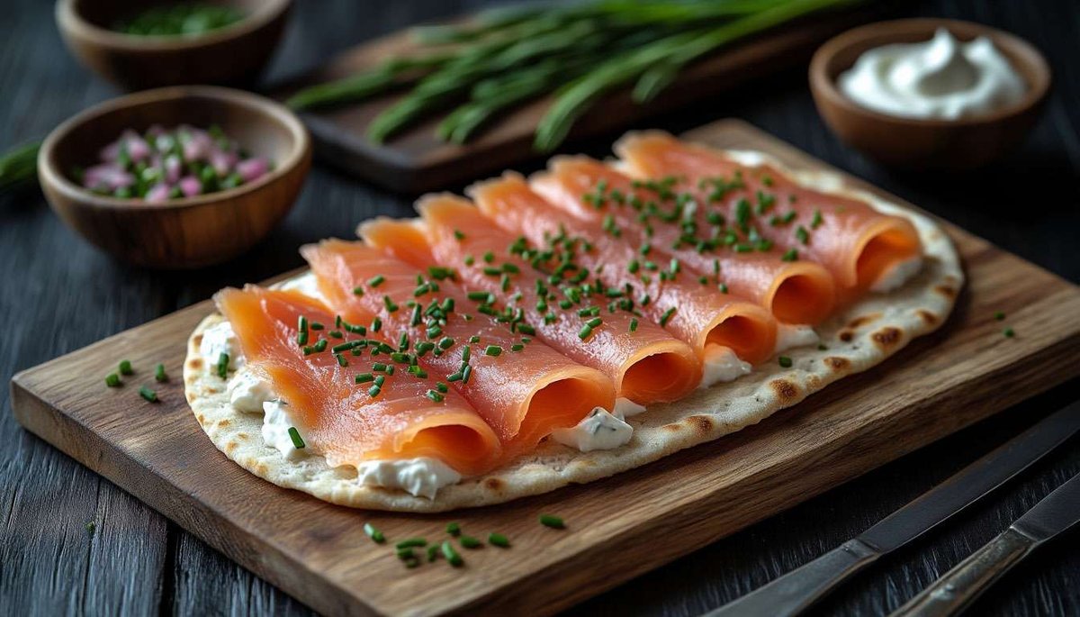 Festival scene in Fagernes: rustic wooden platter presenting mild rakfisk bites ready for adventurous foodies.