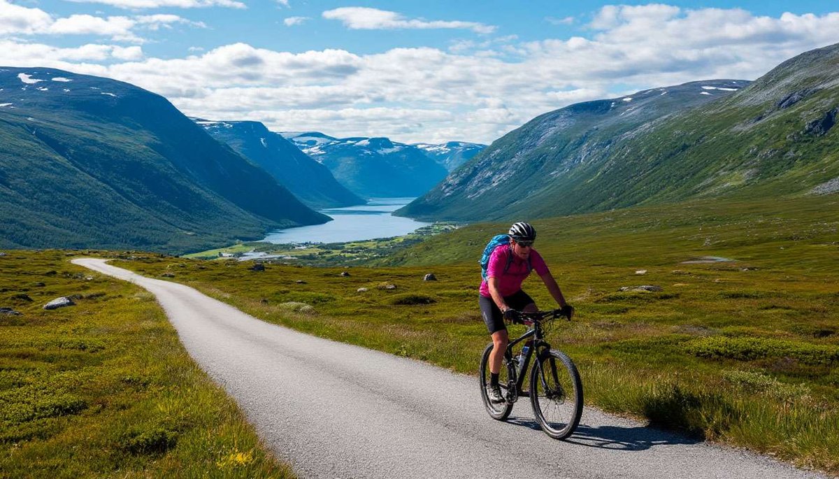 A cyclist rides a road overlooking the fjord and mountain slopes.