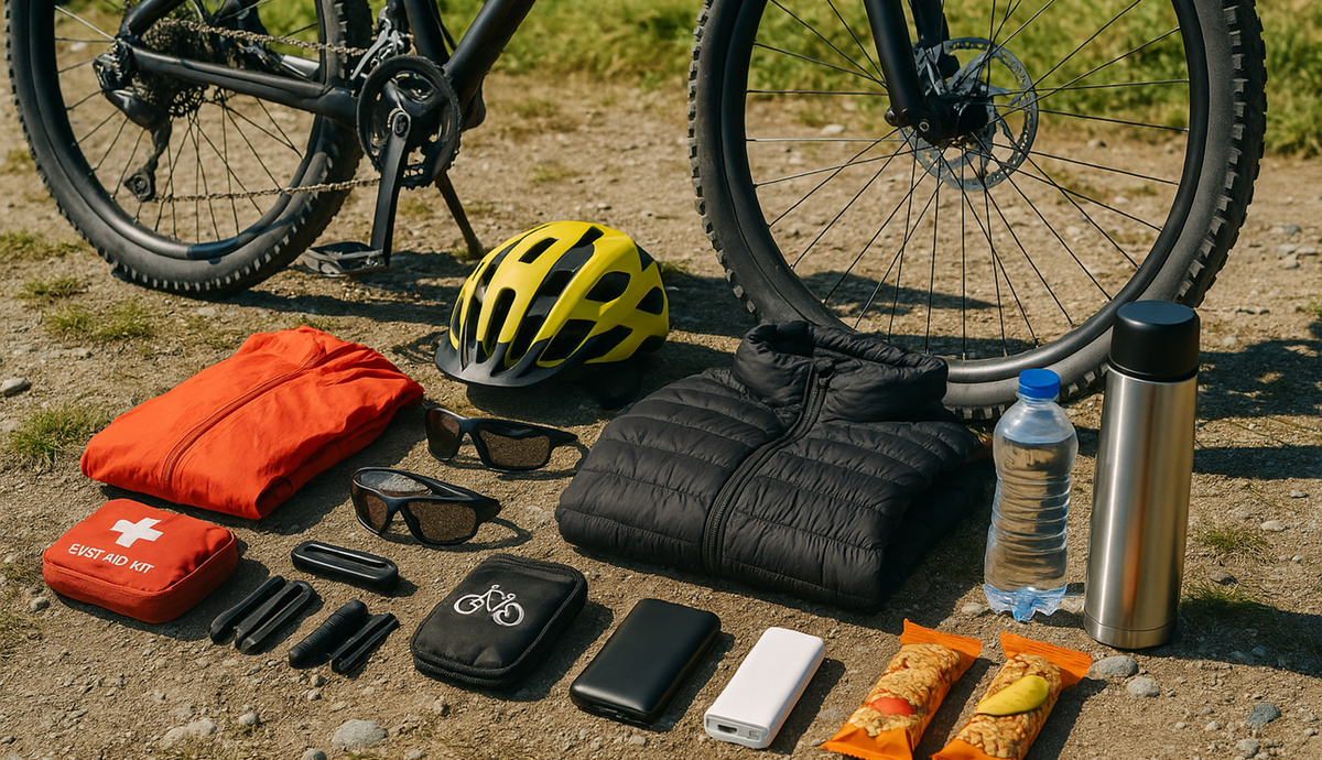Gear and supplies for a cycling trip are laid out near a bike.