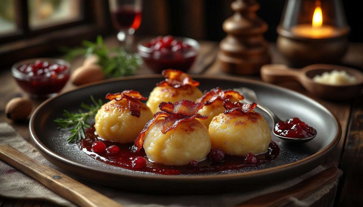 Thursday tradition—raspeballer dumplings, smoky bacon and sweet-tart berries warm Norway’s long evenings.