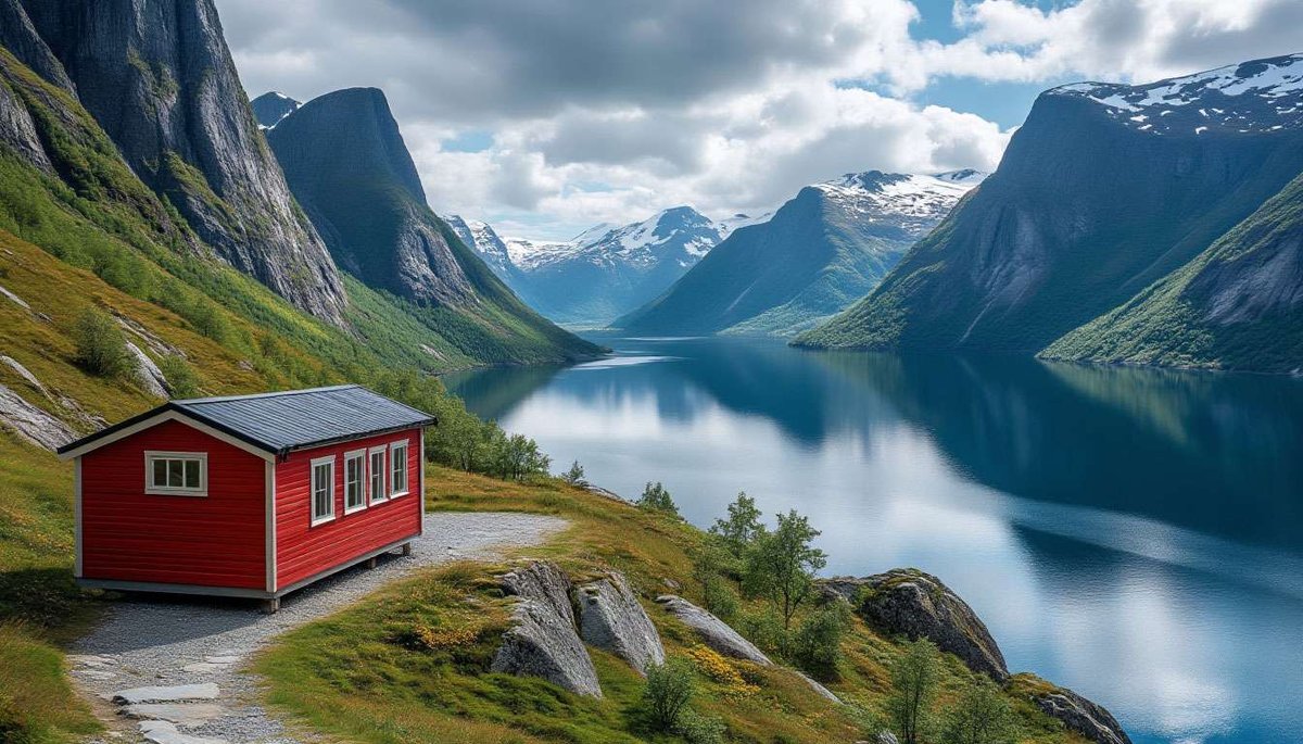 Red cabin situated by a scenic Norwegian fjord surrounded by towering mountains under a blue sky.