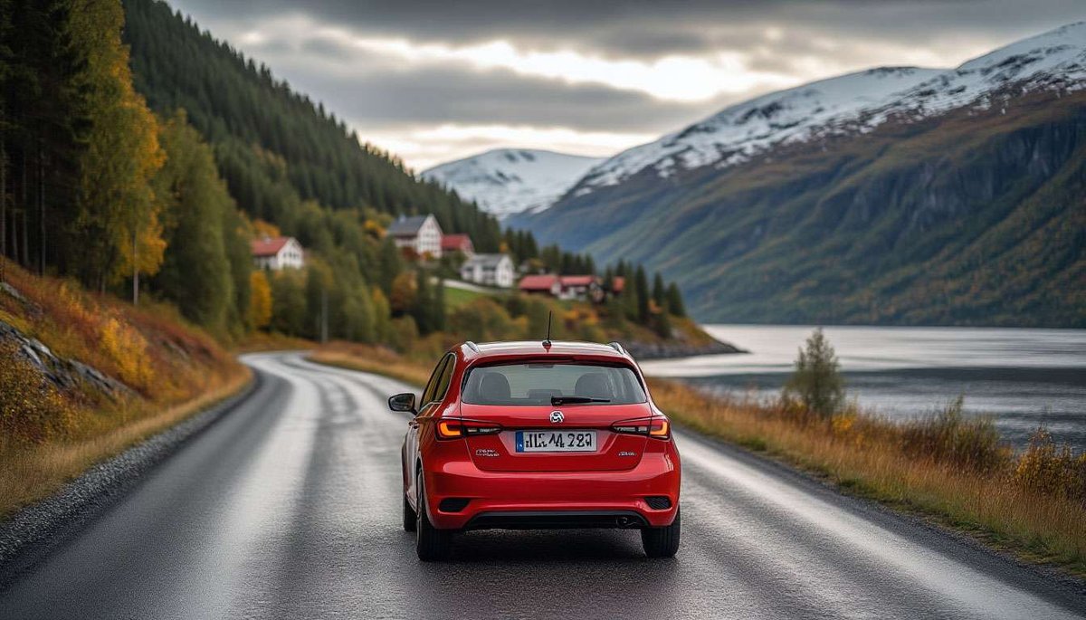 Red car driving away on a road beside a Norwegian fjord in an autumn landscape with mountains and villages.