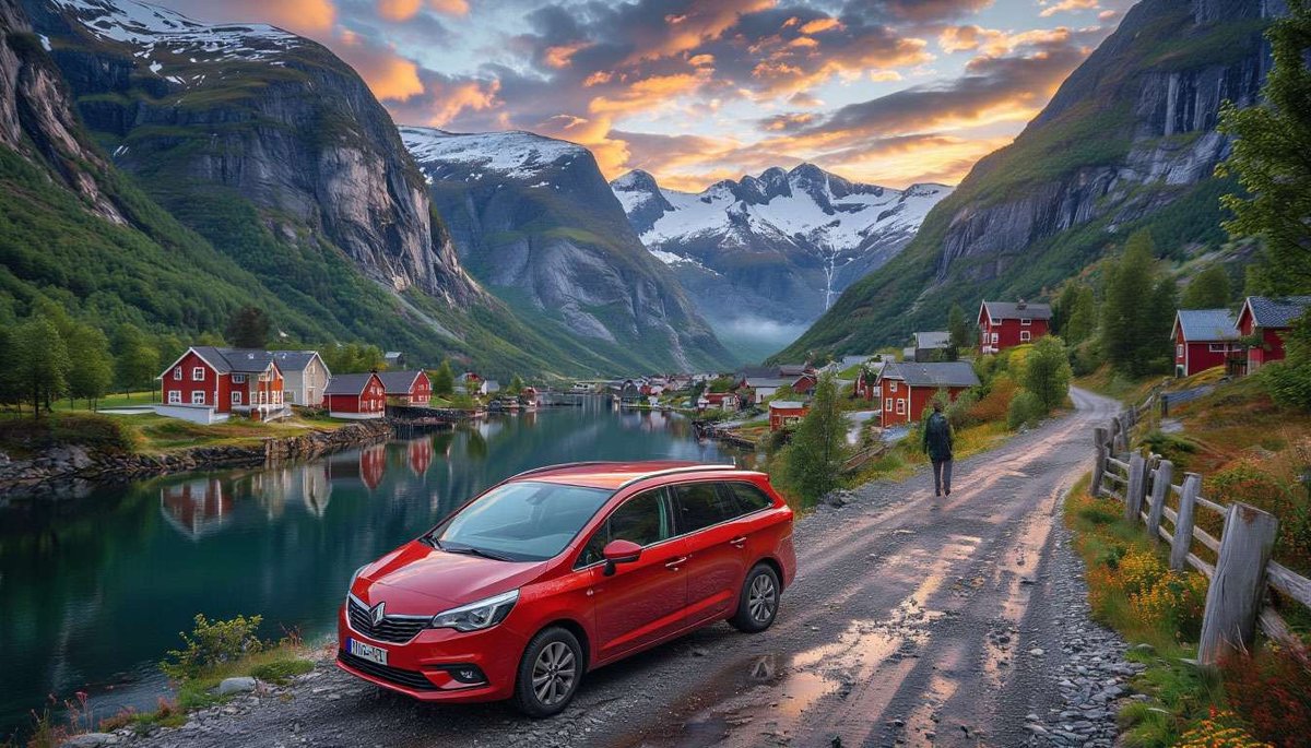 A red car parked on a mountain road by a Norwegian fjord, surrounded by red houses and snowy peaks.
