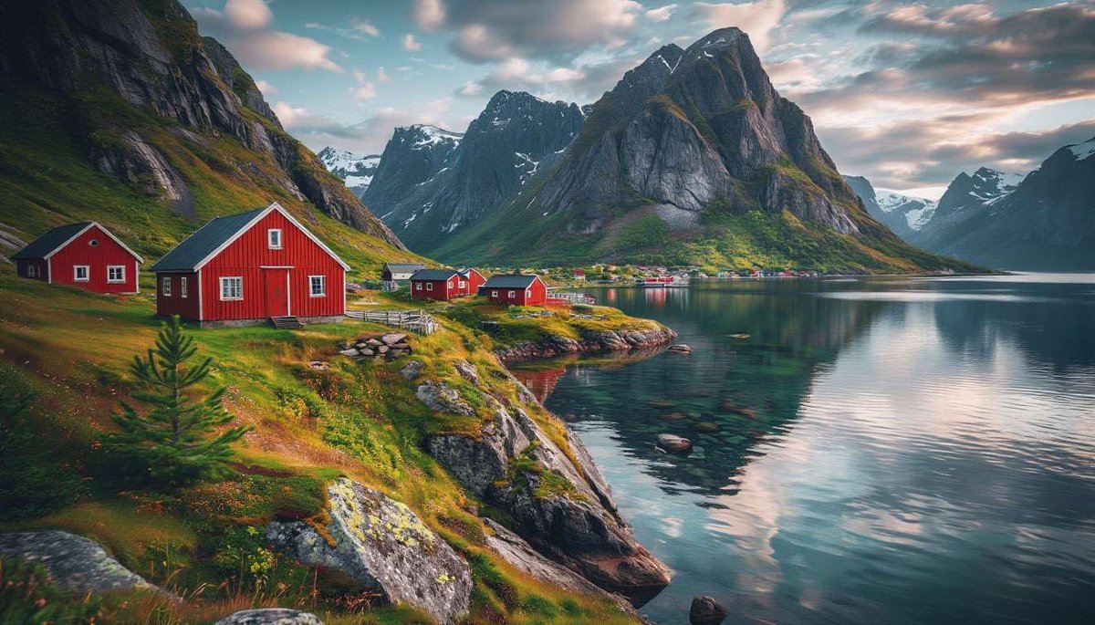 Red houses by the Norwegian fjord shore with dramatic tall mountains and green rocky vegetation.
