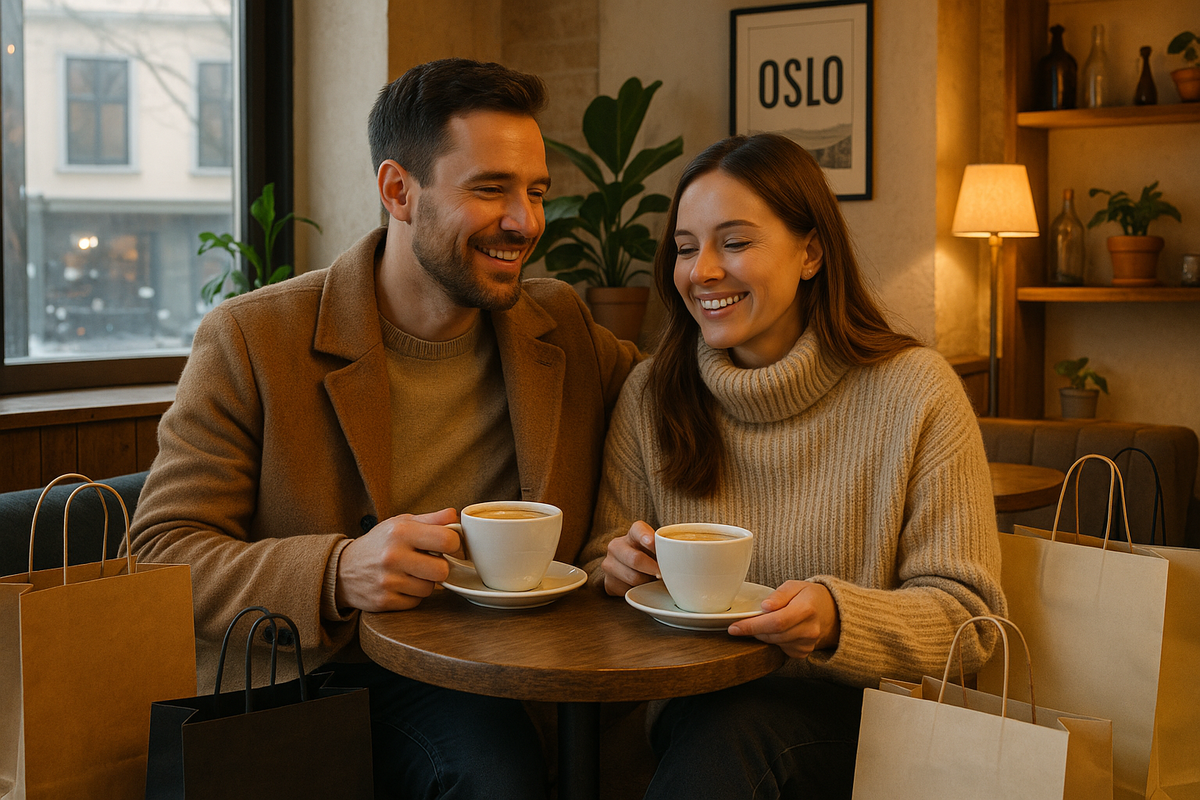 A couple relaxes in an Oslo café with shopping bags after smart purchases.