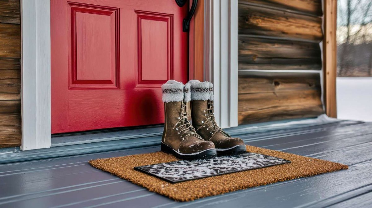 A pair of winter boots stands on a doormat by the front door.