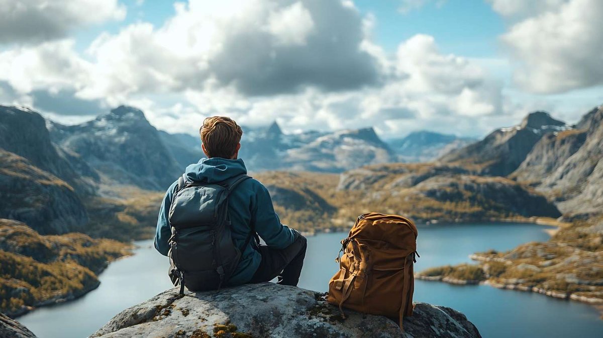 A hiker takes a break on a peak overlooking a lake and mountains.