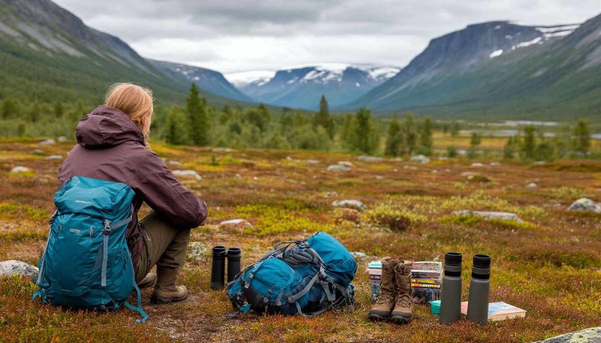 A woman with a backpack sits in a meadow with thermoses and books.