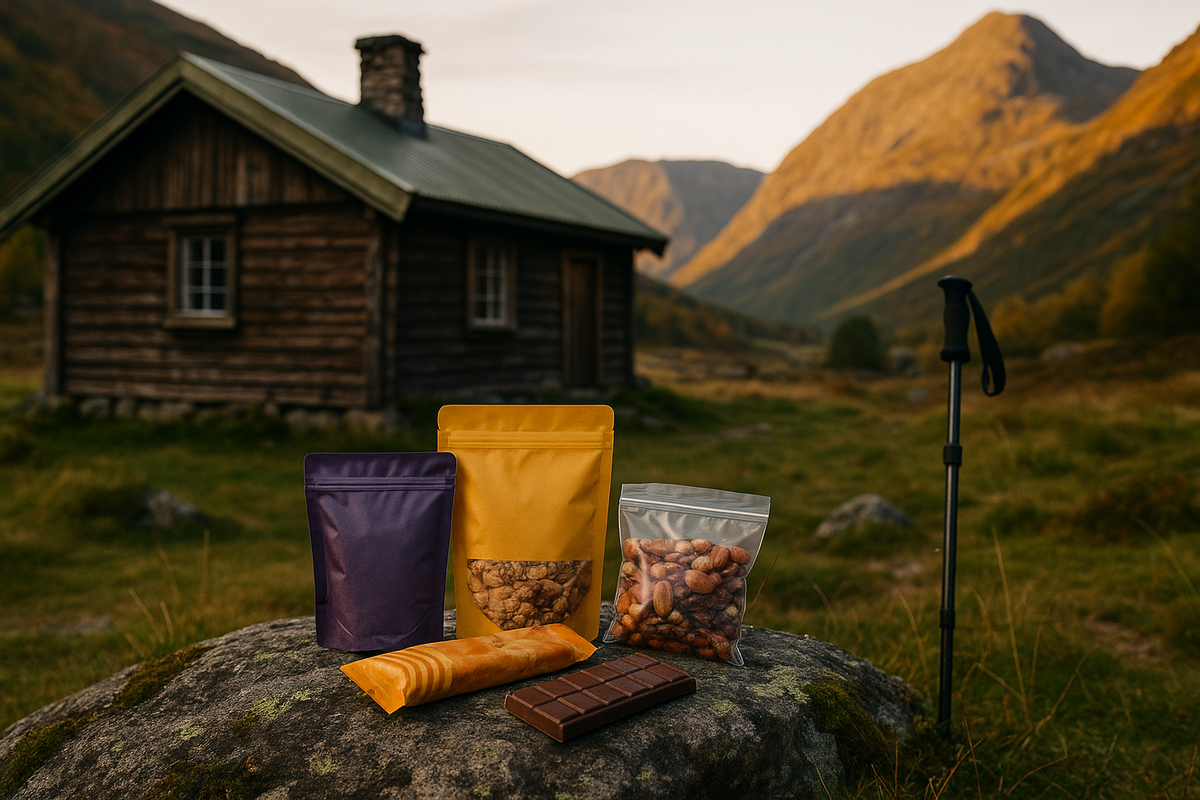 A cached food setup near a Norwegian mountain cabin at sunset — the perfect end-of-trail moment.