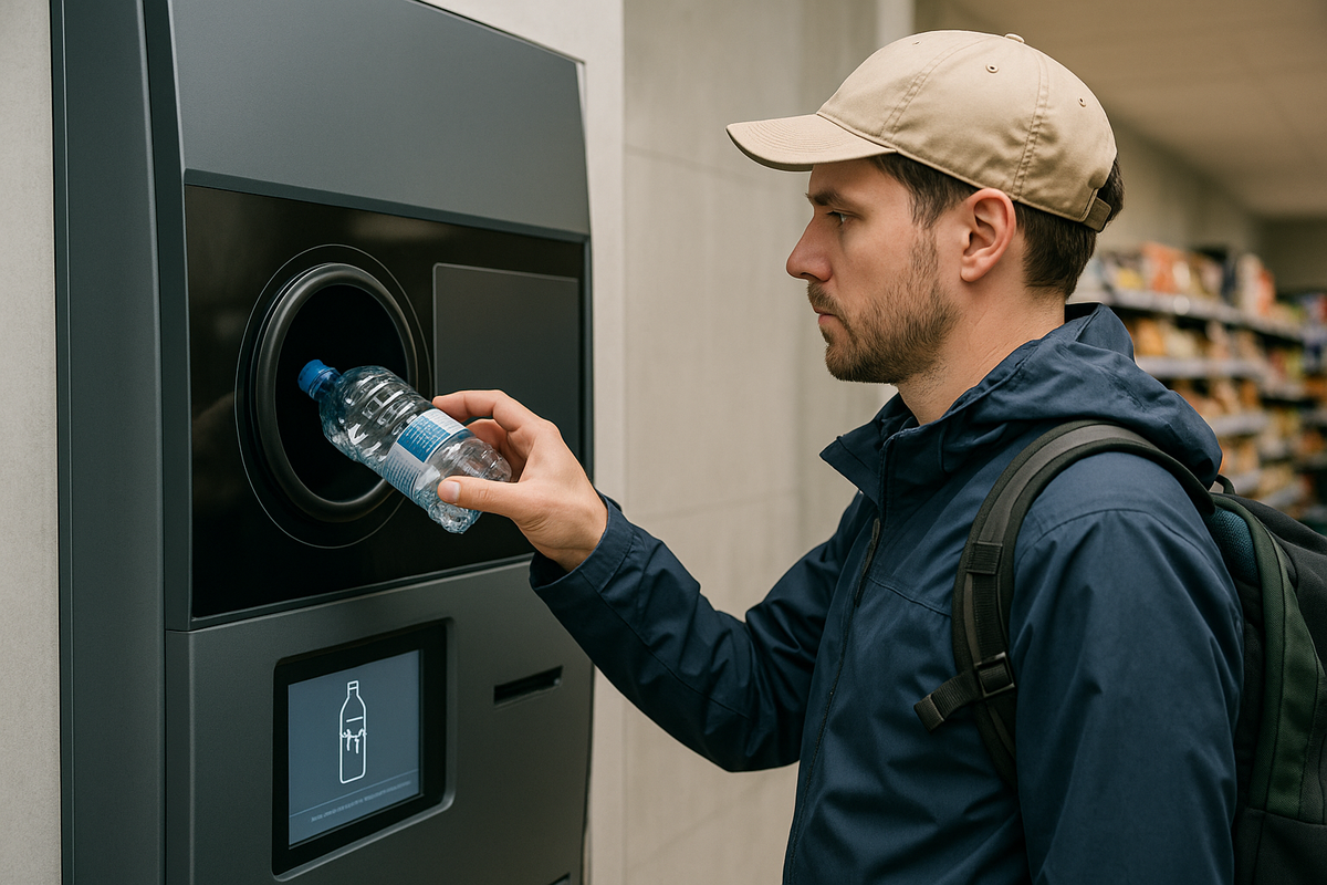 A man inserts a plastic bottle into a Pant machine in Norway to get a deposit refund.