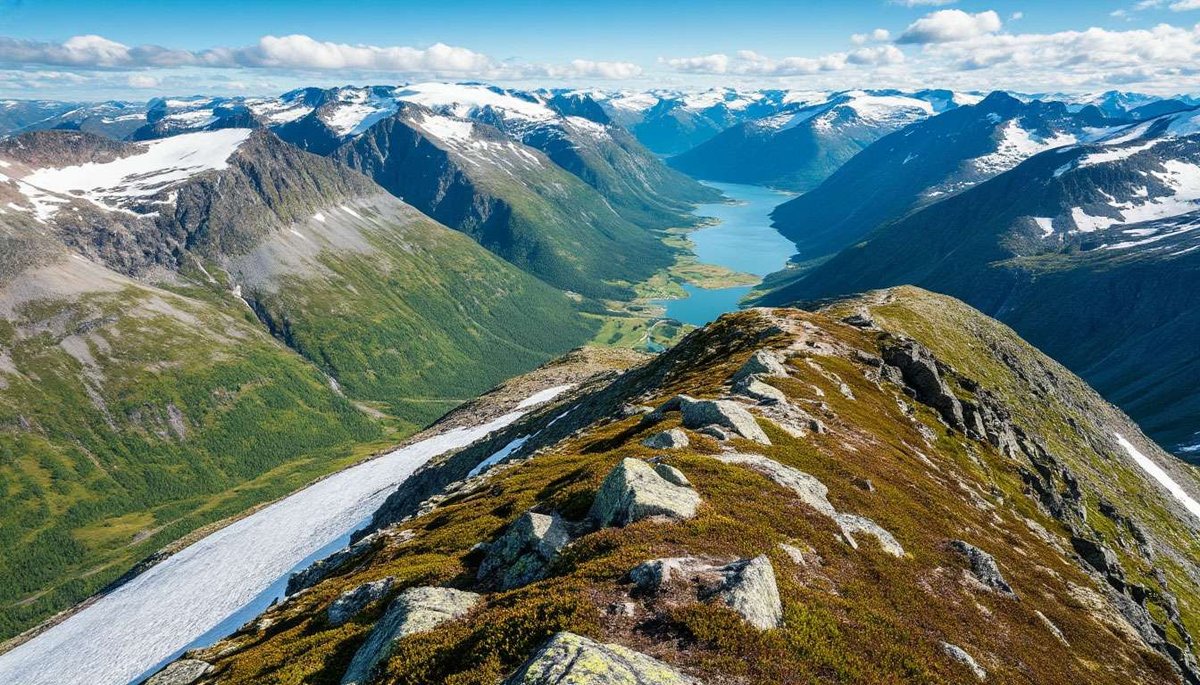 A panoramic view of the valley and fjord from a mountain ridge in Dovrefjell.