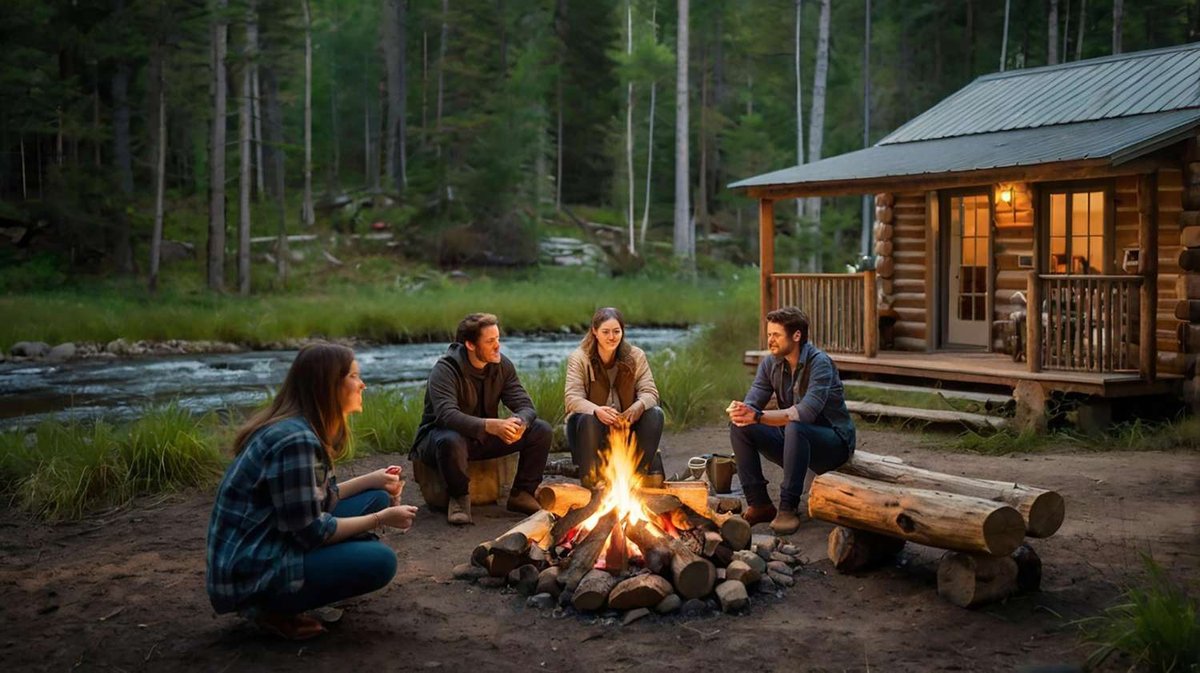 Travelers relax by a campfire next to a wooden camping cabin in the forest.