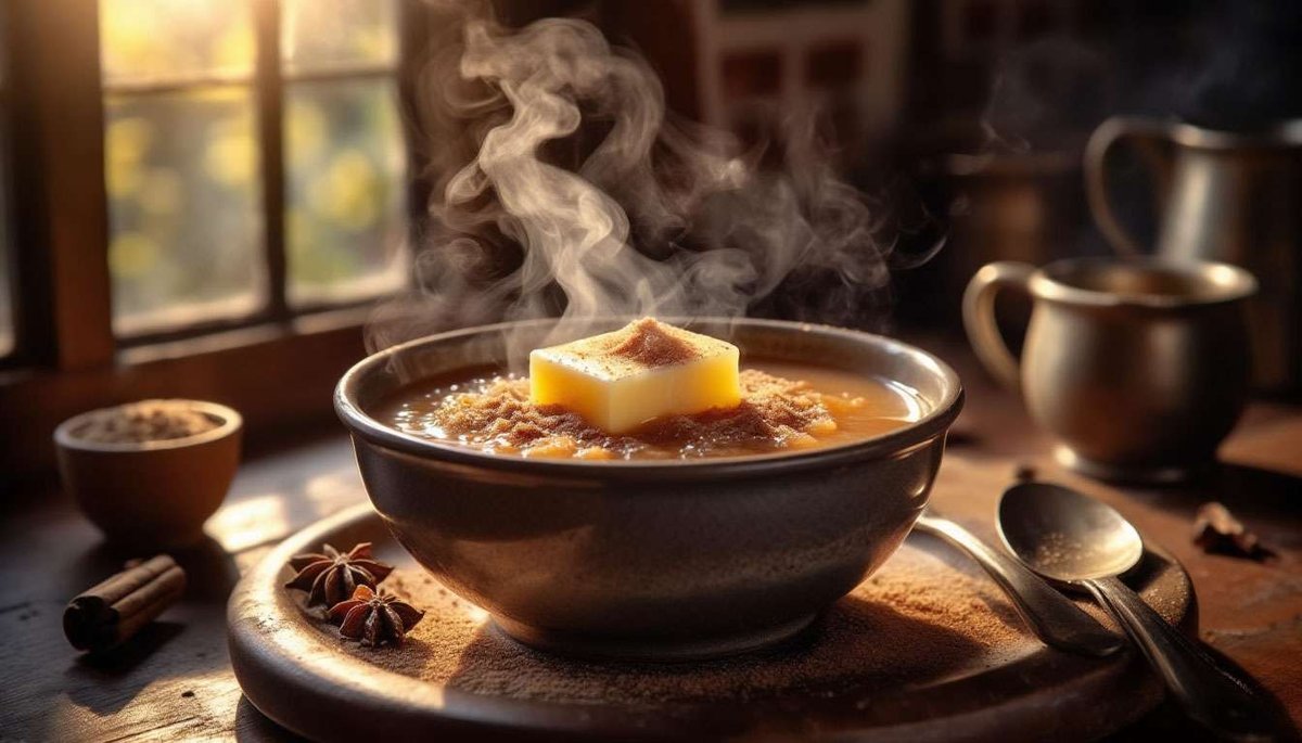 Rømmegrøt—luxurious sour-cream pudding crowned with buttery pools, sugar, and cinnamon: taste of a Norwegian summer festival.
