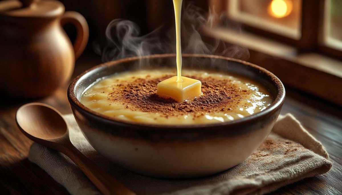 Festive rømmegrøt—silky sour-cream porridge crowned with spiced butter, the taste of Norwegian summer fairs.