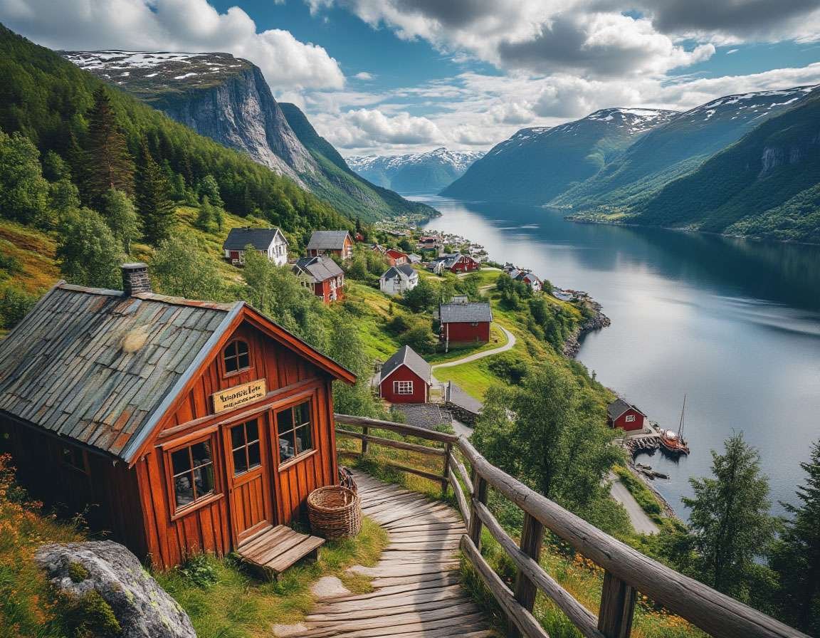 Rustic cabin and wooden path overlooking a Norwegian fjord village surrounded by mountains and forests.