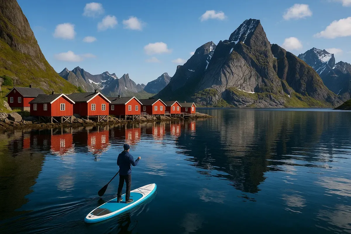 Paddle boarder on turquoise water near Sakrisøy and Reine, white beaches and dramatic Lofoten mountains rising above