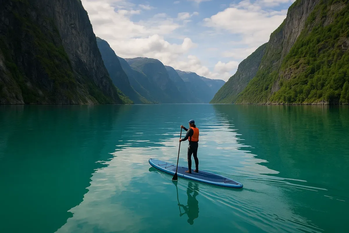 Early morning stand-up paddle boarder moving across glassy fjord surface, surrounded by vertical mountains of UNESCO Nærøyfjord