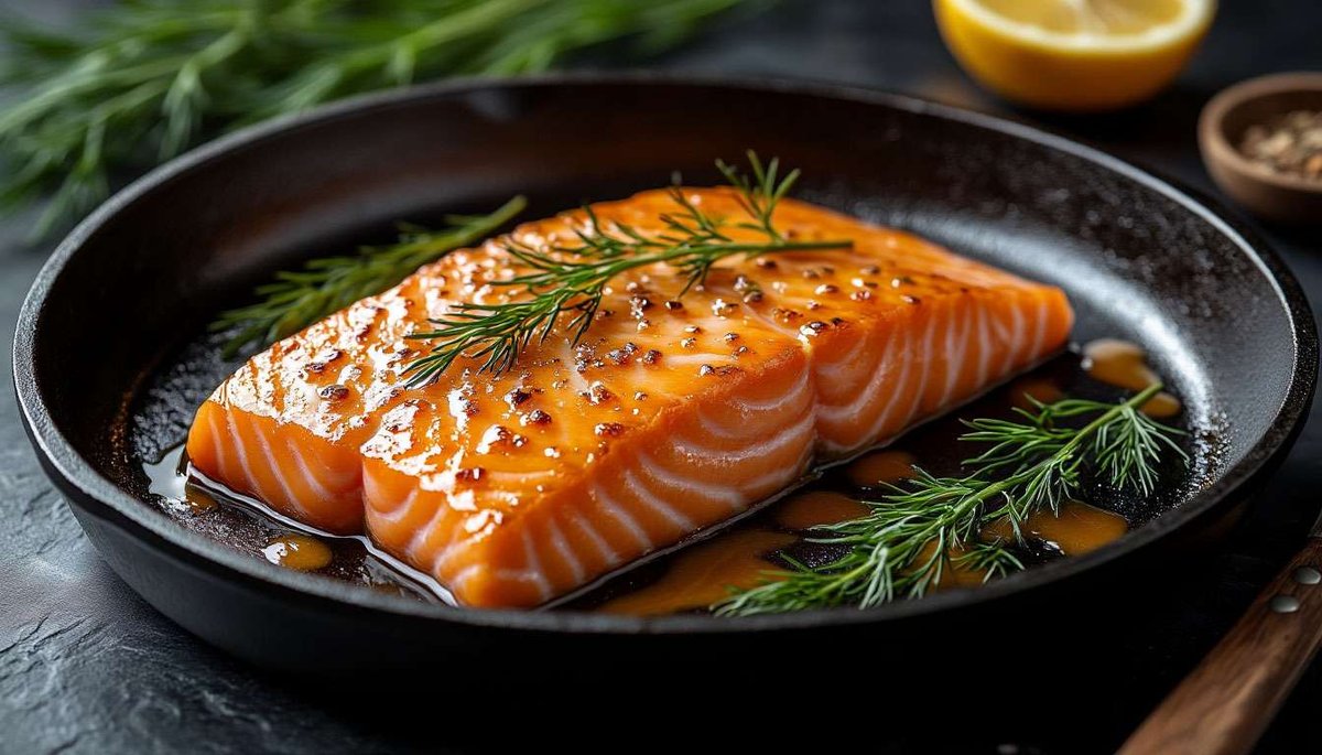 Culinary close-up: sizzling salmon coated in Lynghonning-mustard glaze, steam rising, captures recipe’s appetizing finish.