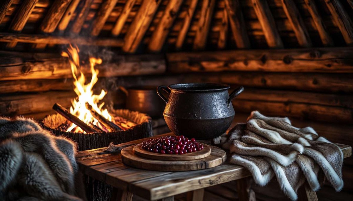 Traditional Sámi lavvu dinner—reindeer stew and cloudberries under Northern glow.