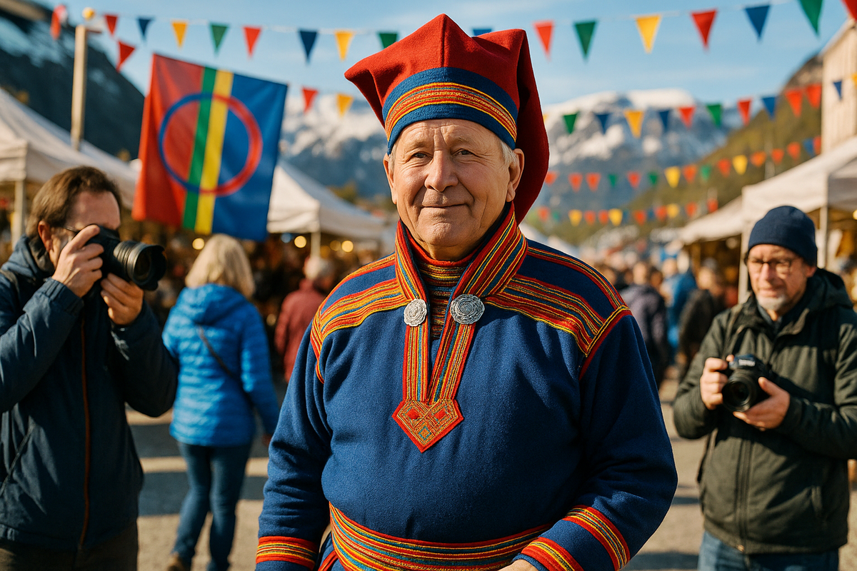 Elderly man in traditional Sami clothing at an outdoor festival.