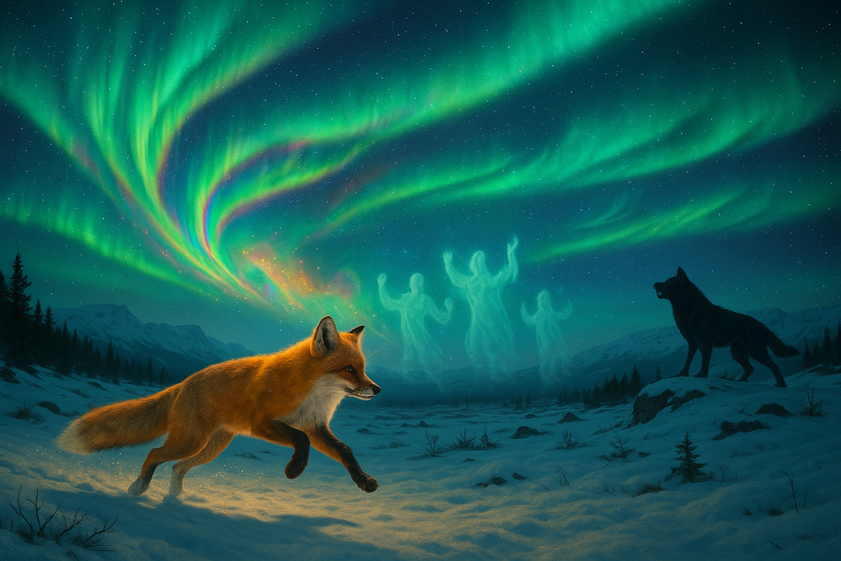 Northern Lights over the Arctic tundra, with a fox and a wolf evoking Sámi myths—moody, cinematic night scene.