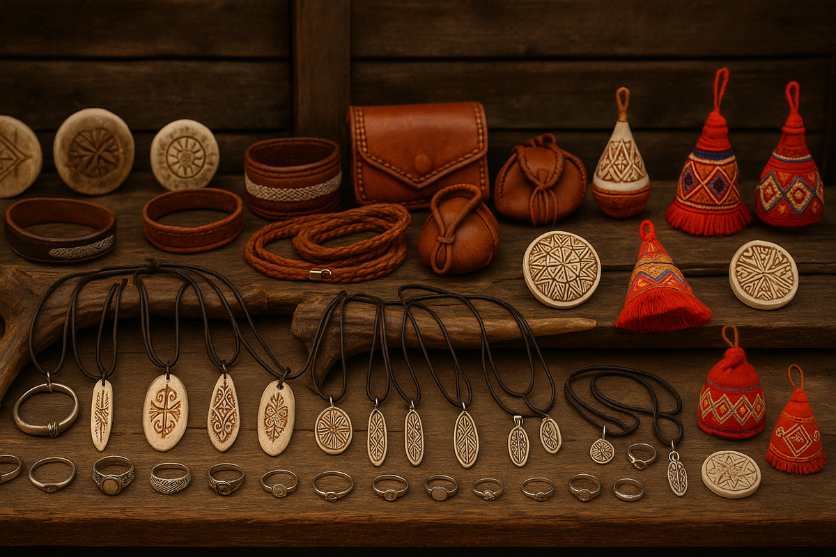 Sami handicrafts: reindeer antler jewelry and leather accessories from Norway.