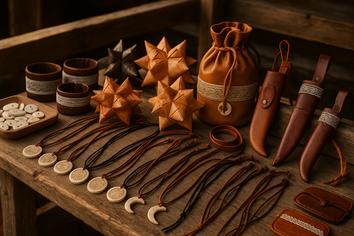 Sami souvenirs from Lofoten: reindeer antler jewelry and leather crafts.