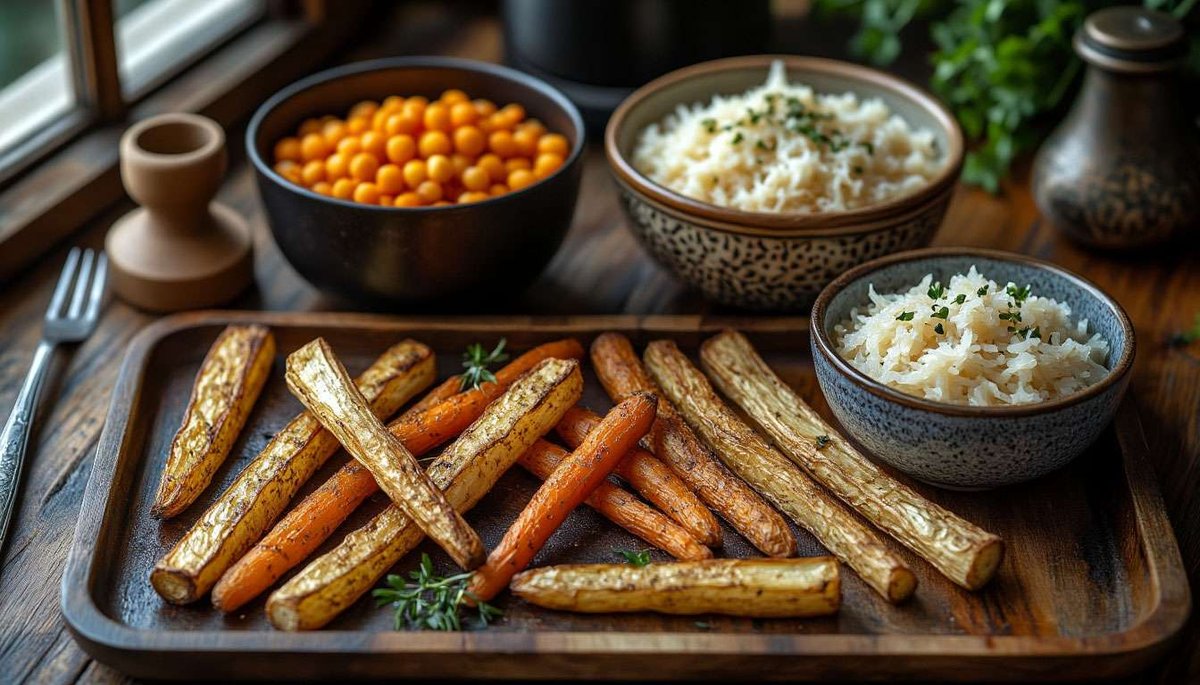 Simple Nordic mise-en-place—roasted roots, hearty barley and bright berries ready for a cozy “Skandi bowl.”