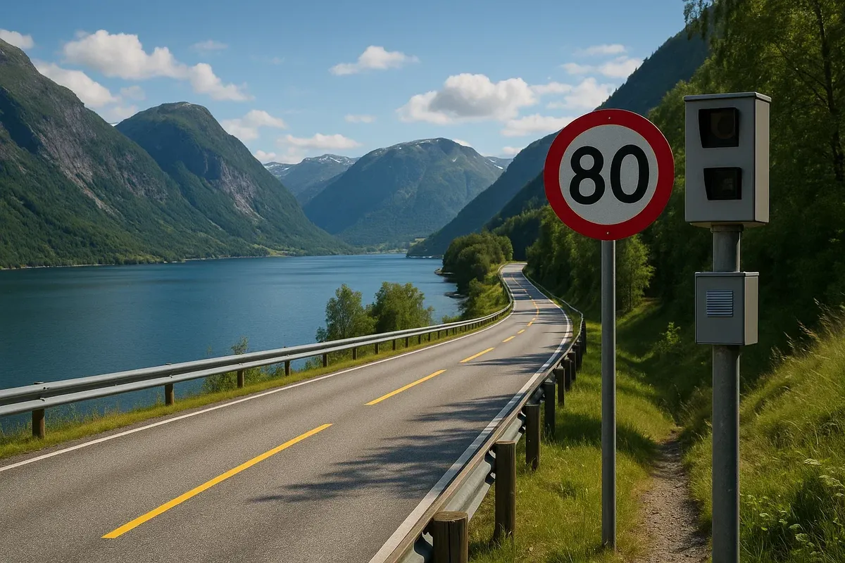 Driver using AutoPASS/Visitor Payment system with Norwegian toll gate in distance