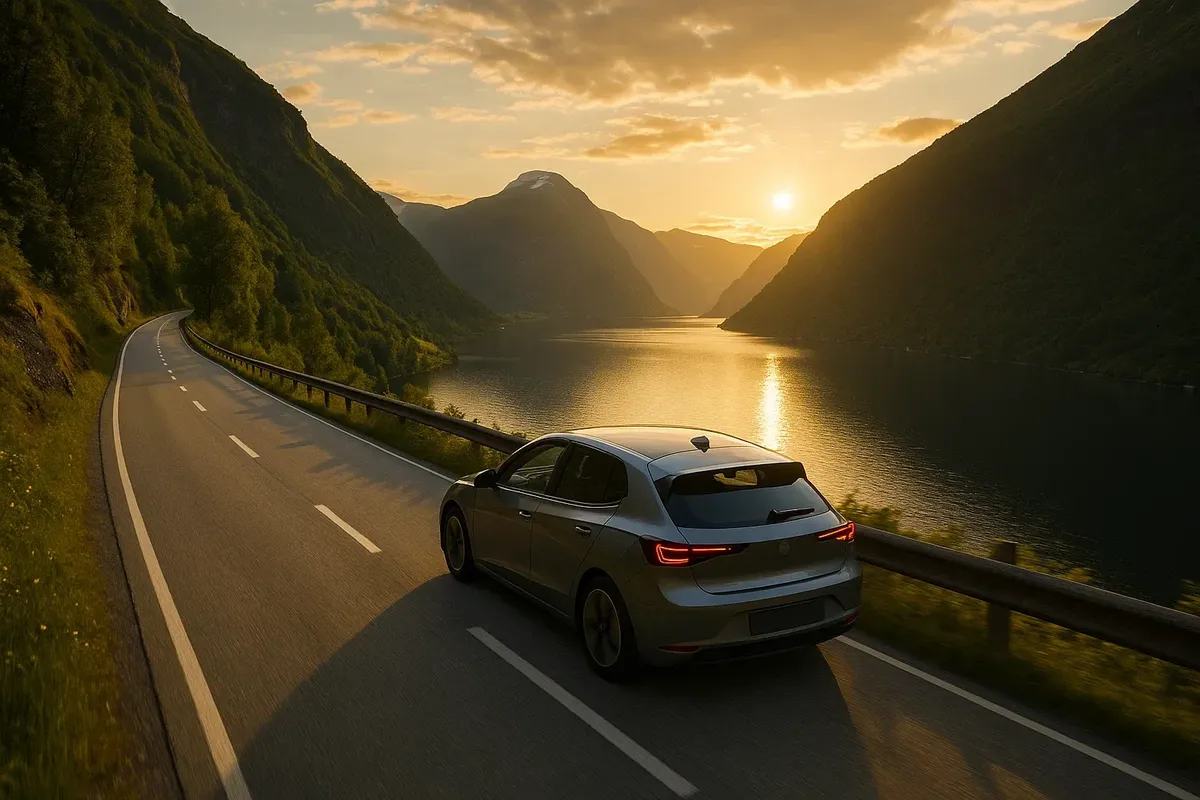 EV едет по дороге над Гейрангерфьордом на закате