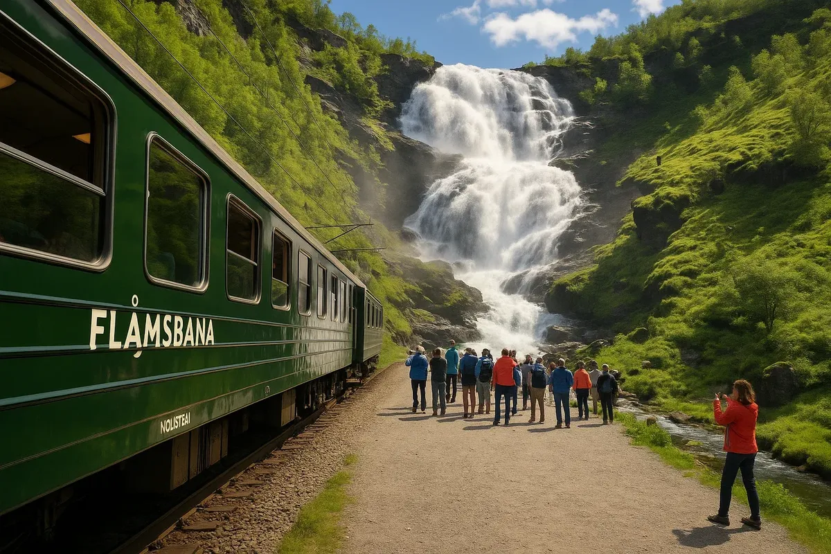 Iconic Flåm Railway view with waterfall stop