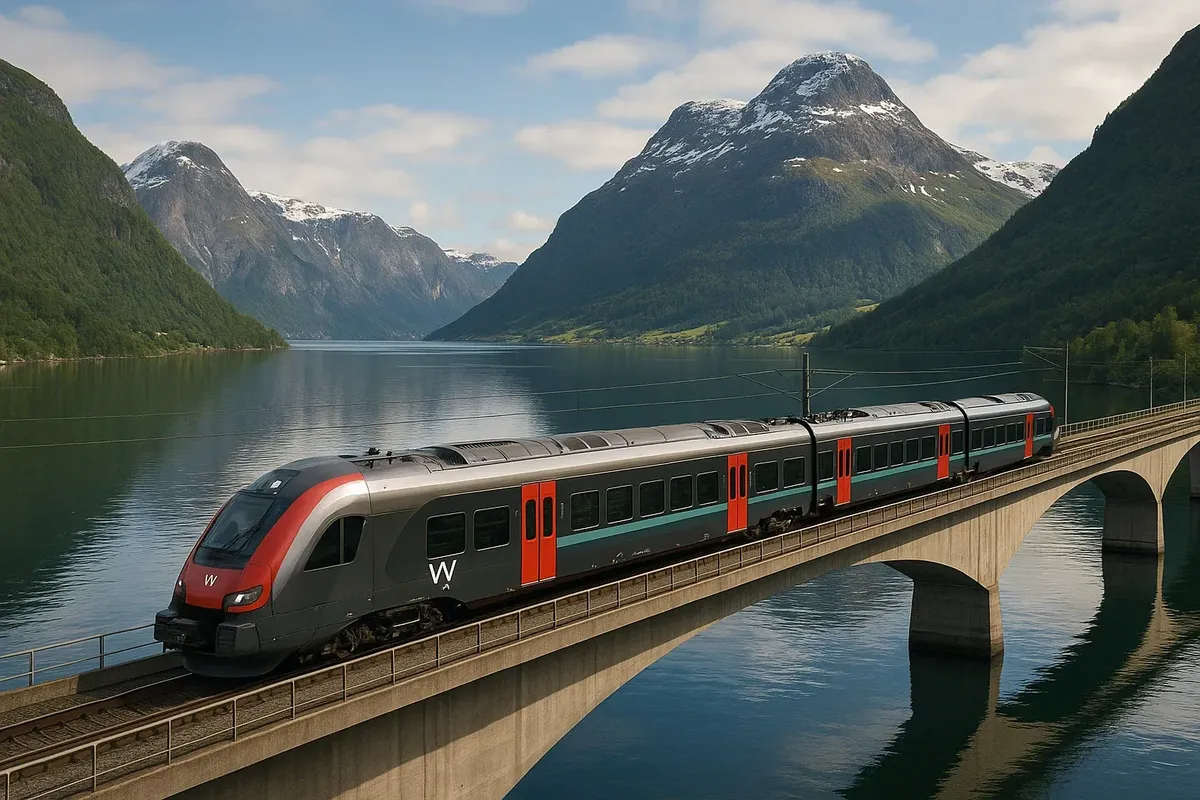 Современный поезд Vy над фьордом, символ Mini Pris и дешёвых ж/д поездок