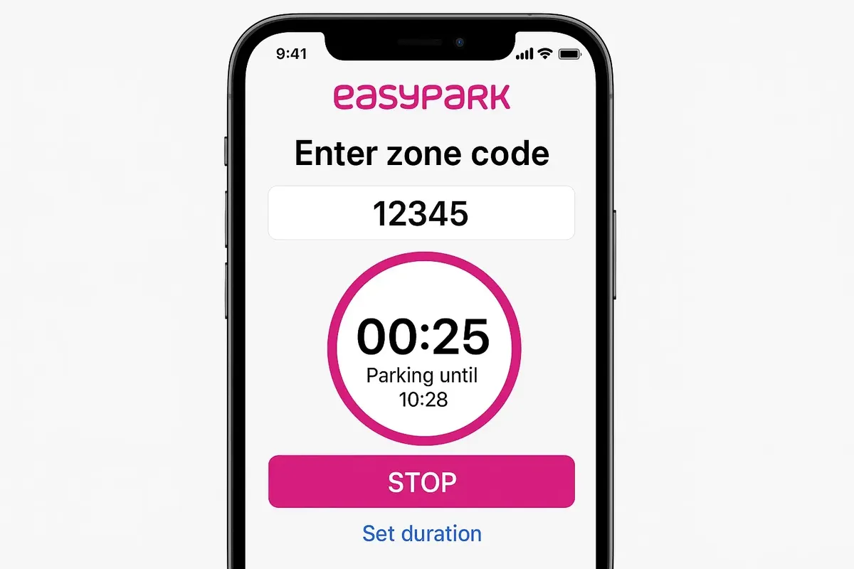 EasyPark app interface on phone — иллюстрация пошаговой настройки и контроля времени