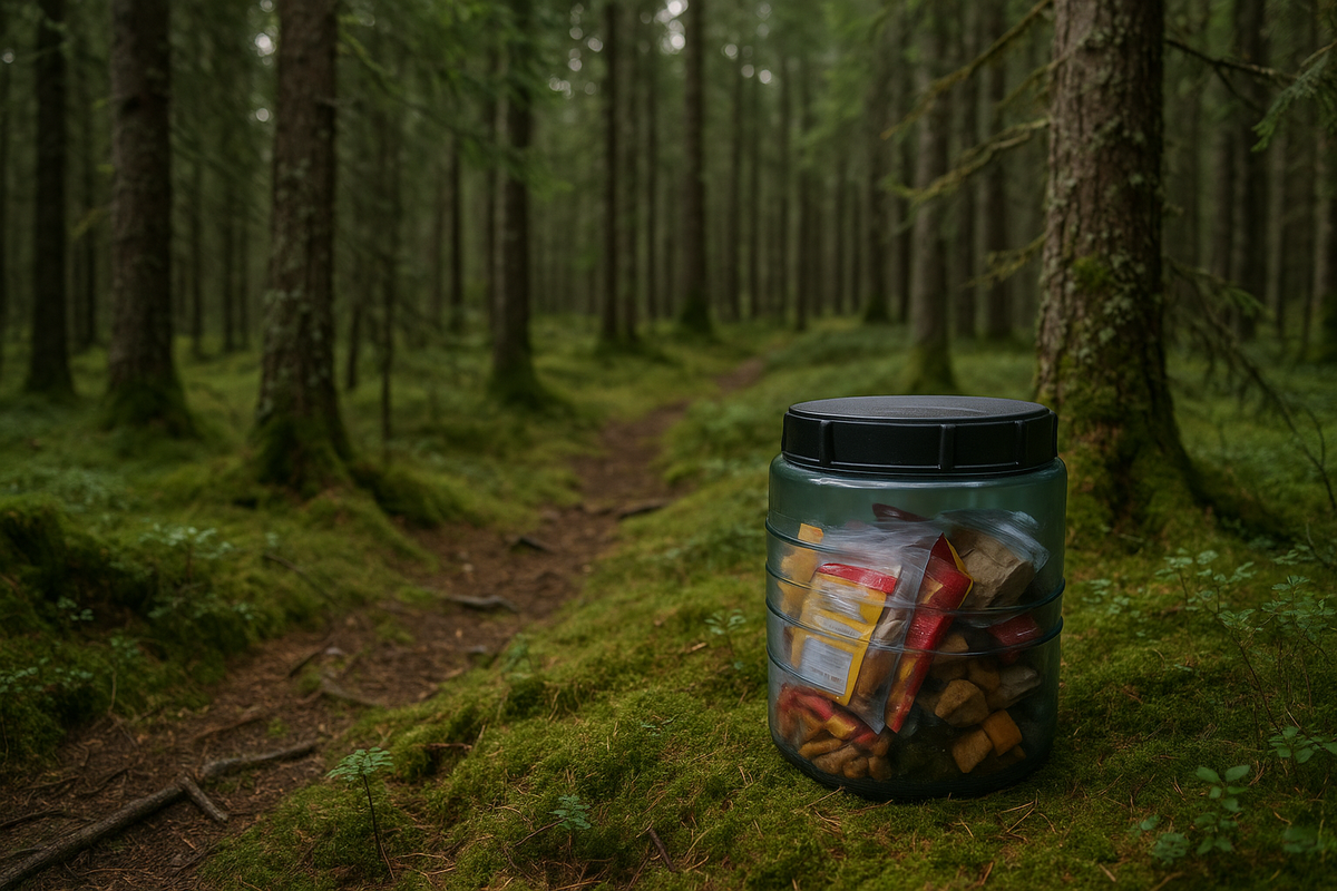A bear canister filled with food rests on a mossy trail in the Norwegian woods — a perfect food cache example in the wild.