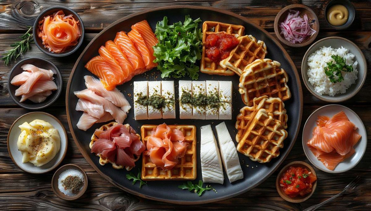 Seven Norwegian food icons on one board, highlighting national culinary identity.