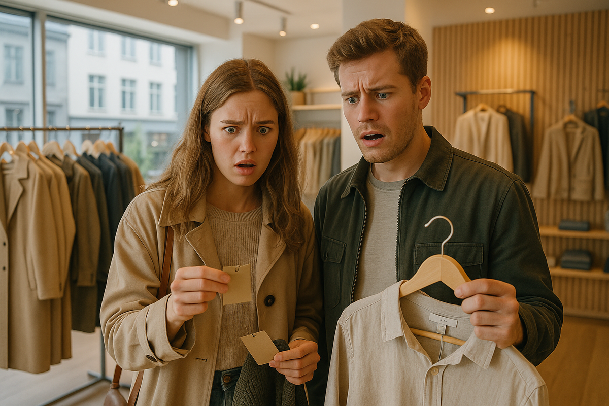 A young couple in an Oslo store looks shocked at the high clothing prices.