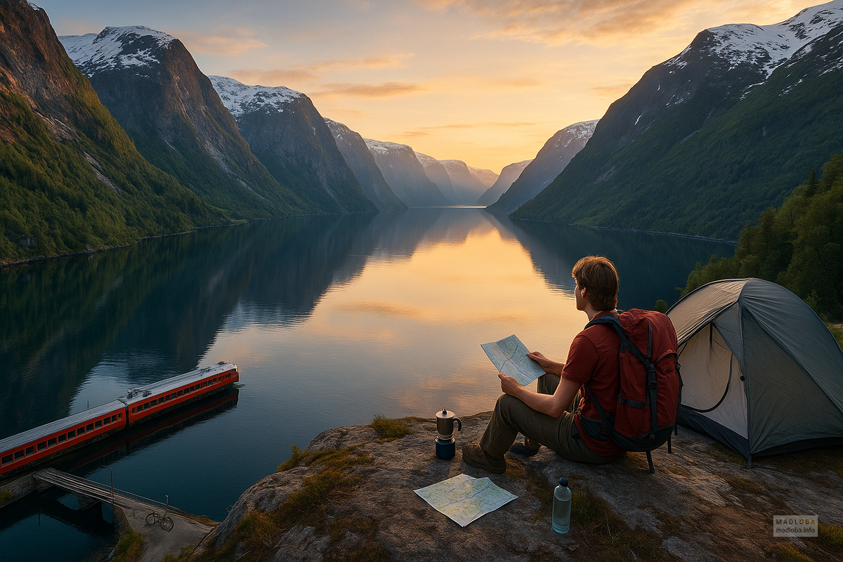 At dawn, a solo backpacker sits on a cliff above a mirror-calm Norwegian fjord, studying a map beside his tent while a red regional train glides belowโcapturing the freedom and affordability of budget travel in Norway.