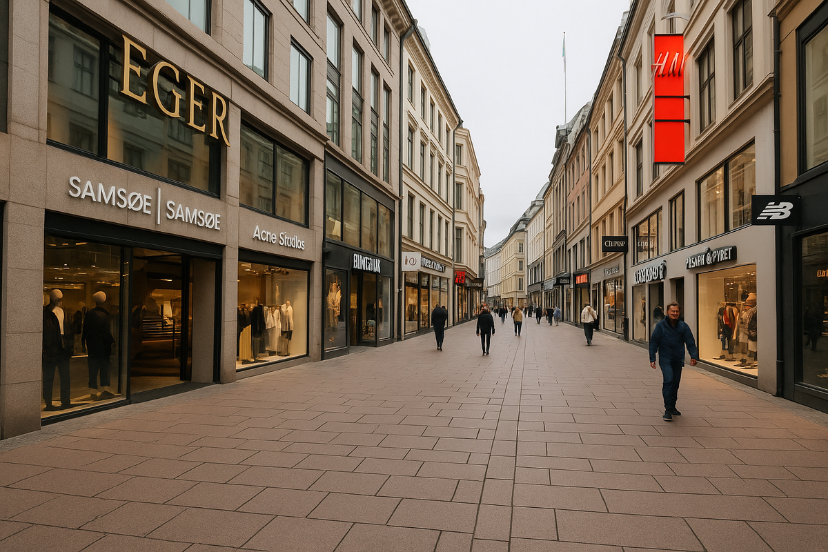 Central street in Oslo with shops of Norwegian and international brands on a sunny day.