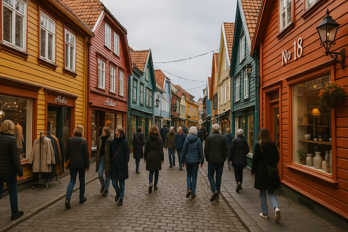 Colorful shopping street in Stavanger, Norway, with boutique shops and people walking.
