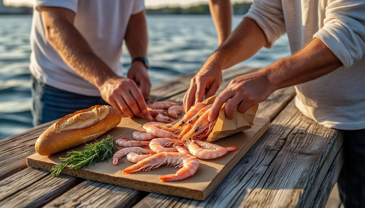 Iconic “shrimp on the pier” ritual—sweet Reker with sea breeze.
