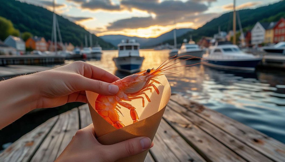 A true fjord snack: fresh northern prawns enjoyed right on the pier with coastal panorama in background.