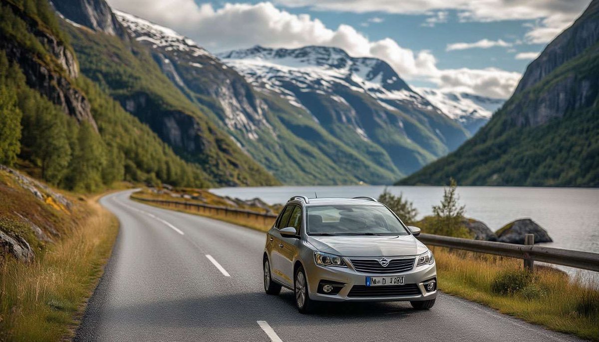 Silver car driving on a scenic road along a Norwegian fjord surrounded by mountains and forests.