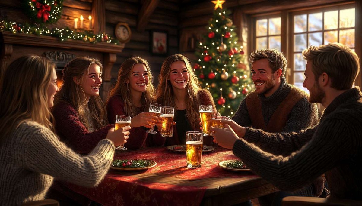 A shared “Skål!” bridges guests and hosts—cheers glitter in festive Nordic glow.